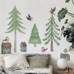 sticker mural arbre forêt oiseau maison voiture enfant illustration scandinave chambre decoration