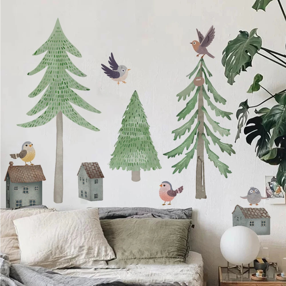 sticker mural arbre forêt oiseau maison voiture enfant illustration scandinave chambre decoration