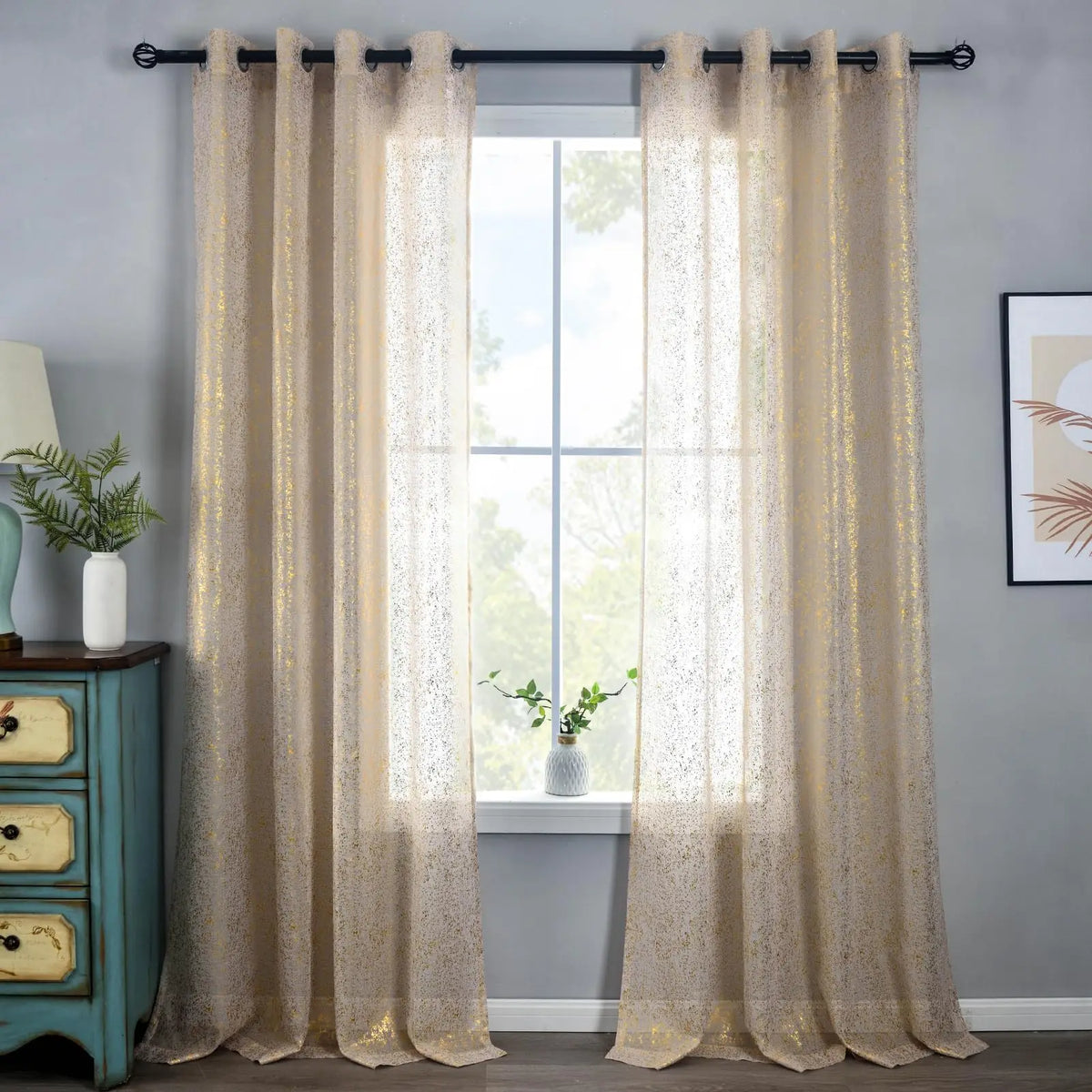 rideau semi transparent moderne paillettes dorées annaux métalliques salon maison polyester 100%