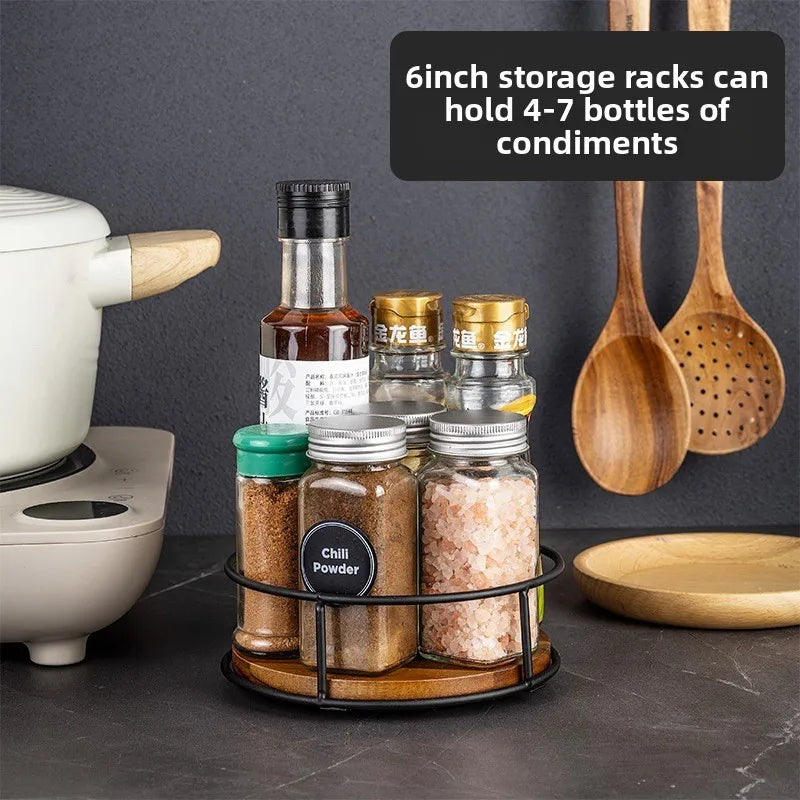 support rotatif bois noir conteneurs alimentaires rotation fluide cuisine moderne minimaliste