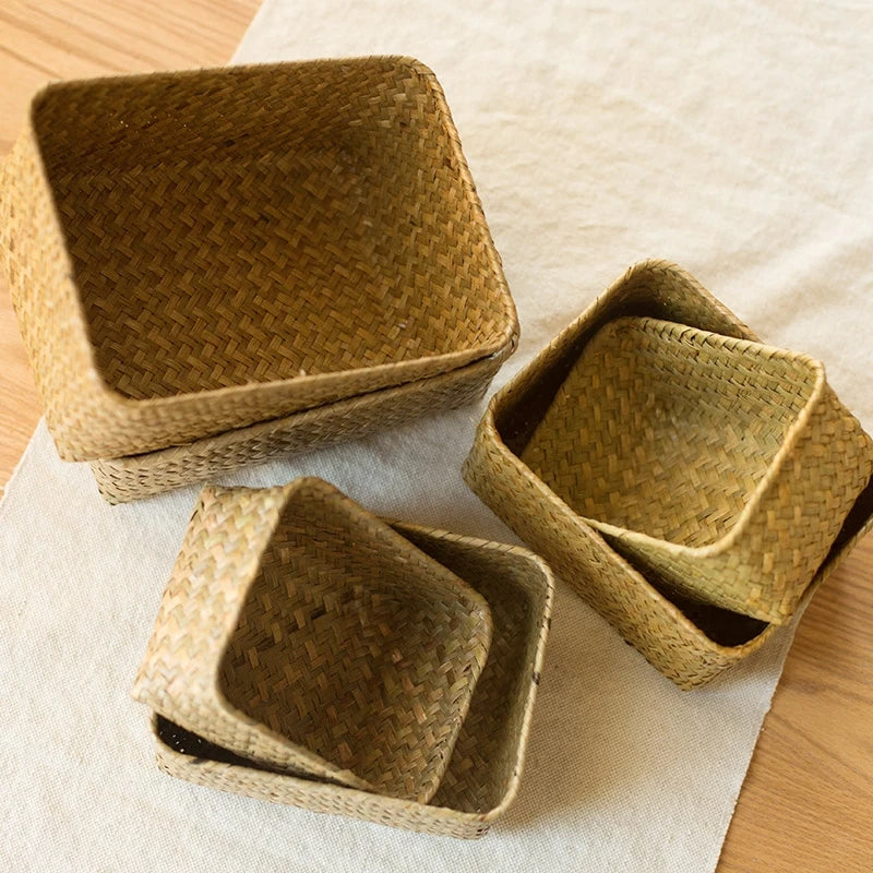 panier rangement paille marron clair rustique multifonctionnel réutilisable respectueux environnement tổ chức đồ dùng