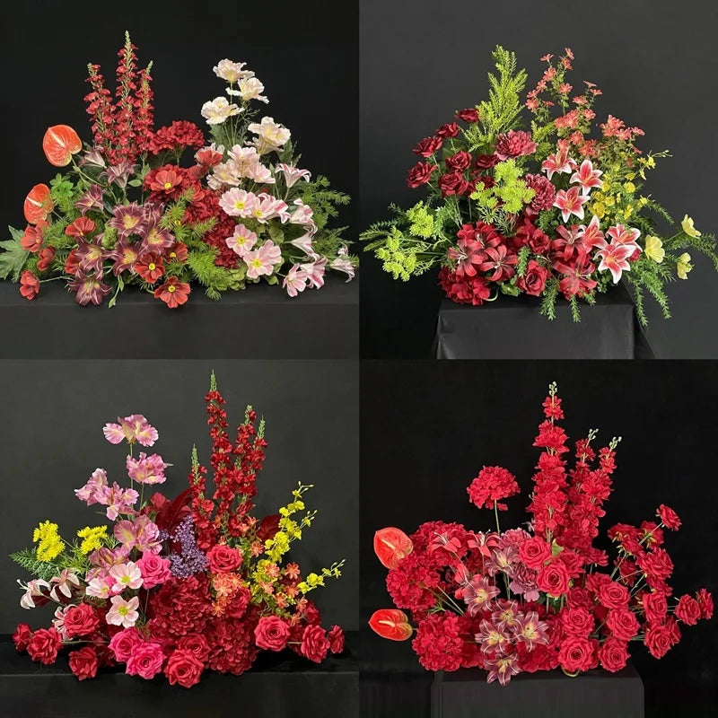 bouquet artificiel rose rouge feuilles vertes decoration mariage anniversaire table exterieur classique fleuri