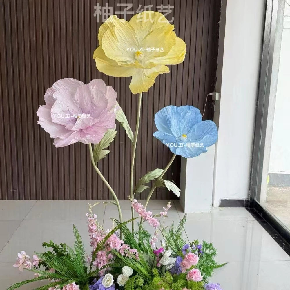 décoration mariage fleurs artificielles papier bleu rose violet jaune extérieur champêtre