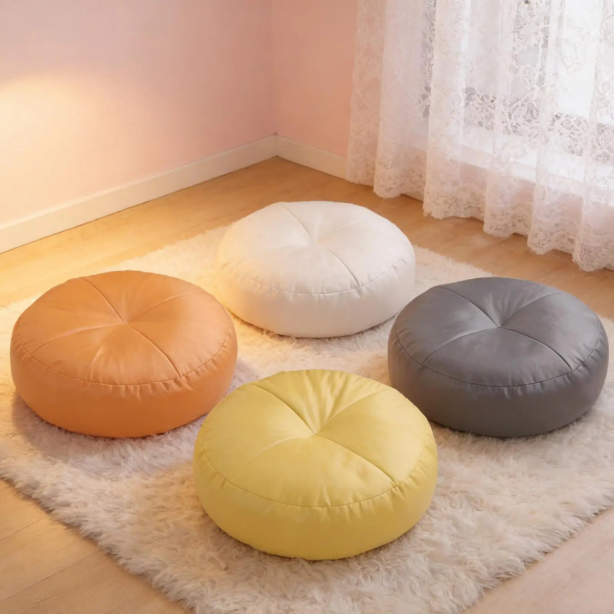 coussin sol moderne orange blanc gris jaune mousse imperméable tatami meditation salon