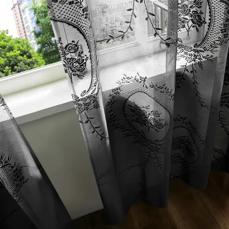 rideau voilage gris foncé motifs floraux translucide bohème chic vintage chambre coucher