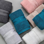 serviettes bain coton absorbantes douces rose clair gris blanc beige bleu marine rayures dorées