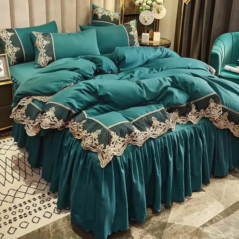 ensemble literie complet couvre lit bleu marine broderie dorée drap taies oreiller classique