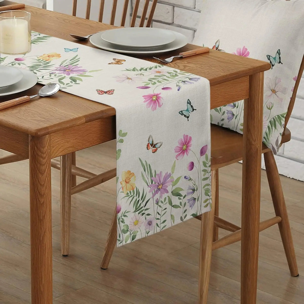 nappe lin imprimée fleurs papillons décoration intérieure été maison serviettes assiettes verres