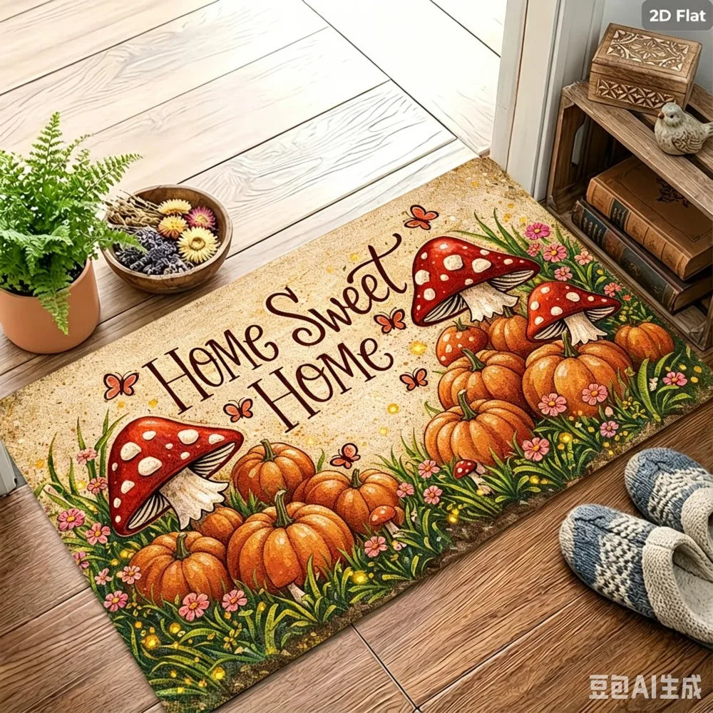 tapis d'entrée moderne multicolore motif champignons fleurs texte Sweet extérieur résistant rides polyester 30x50cm