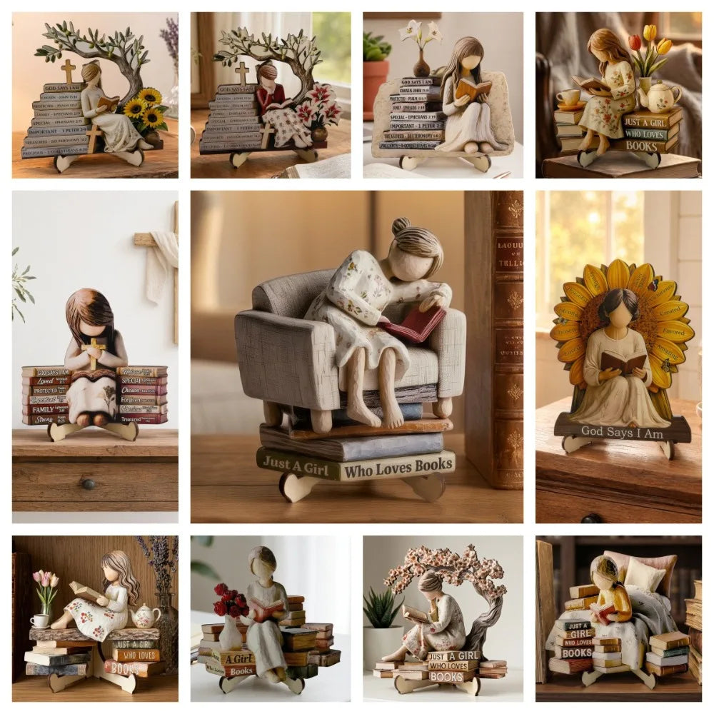 figurines bois fille lecture supports livres fleurs vases tulipes lavande théière bougiesDecorationChampetreSpirituelle