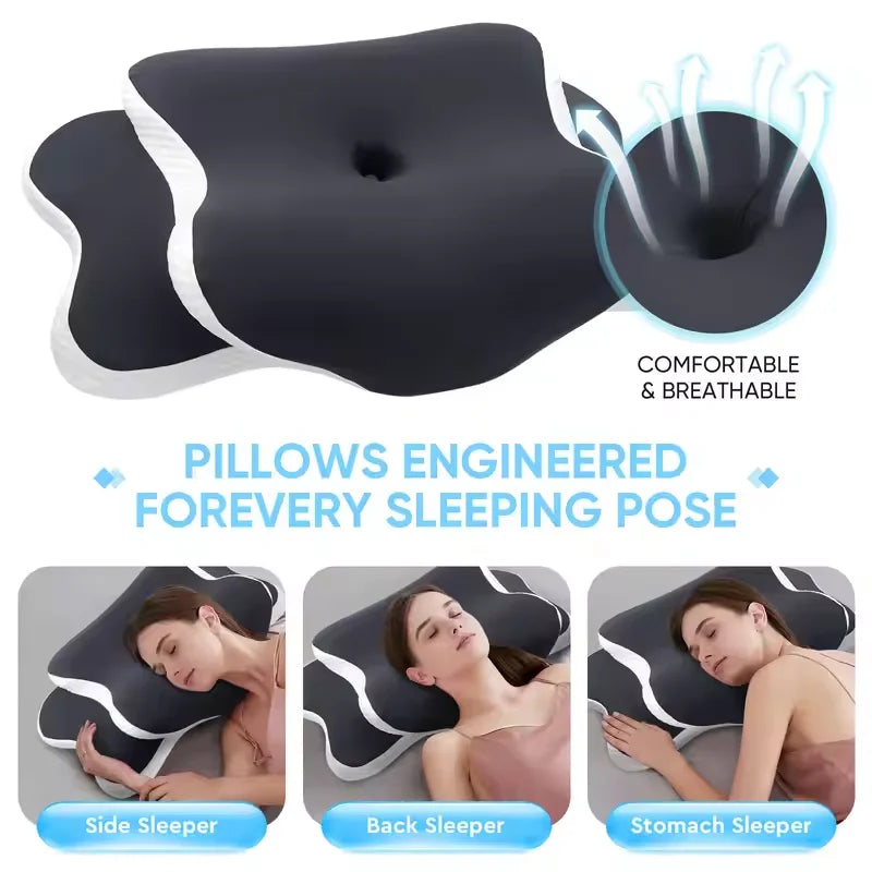 coussin sommeil mousse mémoire forme ergonomique gris blanc support cou voyage massage lit