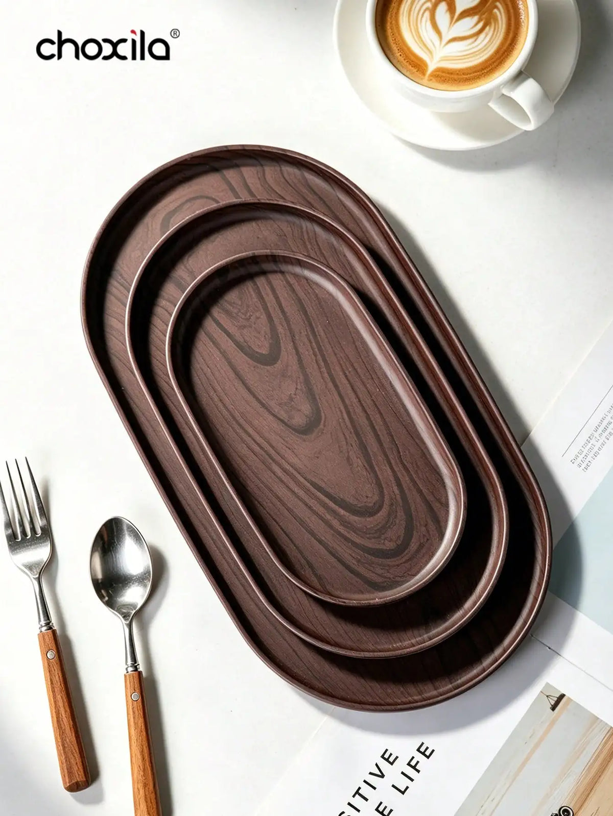 assiettes ovales marron marbre modernes set différentes tailles rangement maison decoration