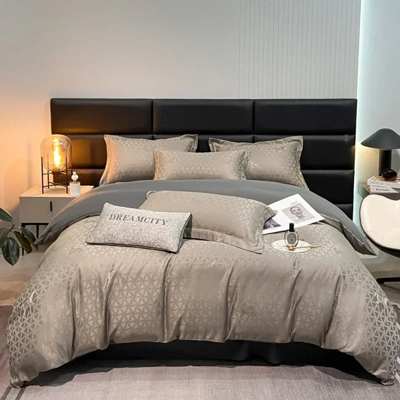 housse couette jacquard brodée ensemble pièces lit double gris clair contemporain fixations opaques microfibre