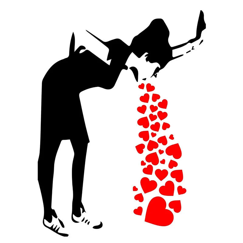 sticker mural moderne silhouette personne téléphone coeurs rouges noir autocollant vinyle waterproof removable