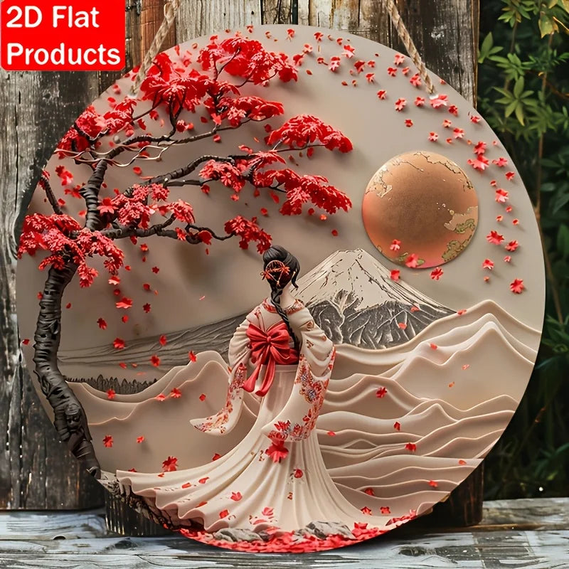 tableau mural japonais femme kimono fleurs rouge contemporain opaque cordelette 20cm 24cm 28cm 32cm