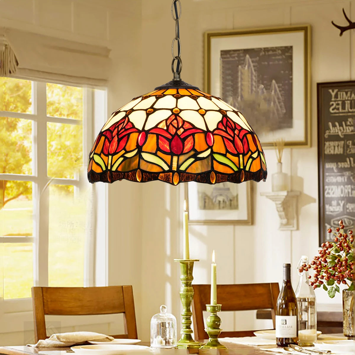 lampe suspendue tiffany fleurs stylisées multicolore rouge orange jaune vert noir adjustable chambre cuisine