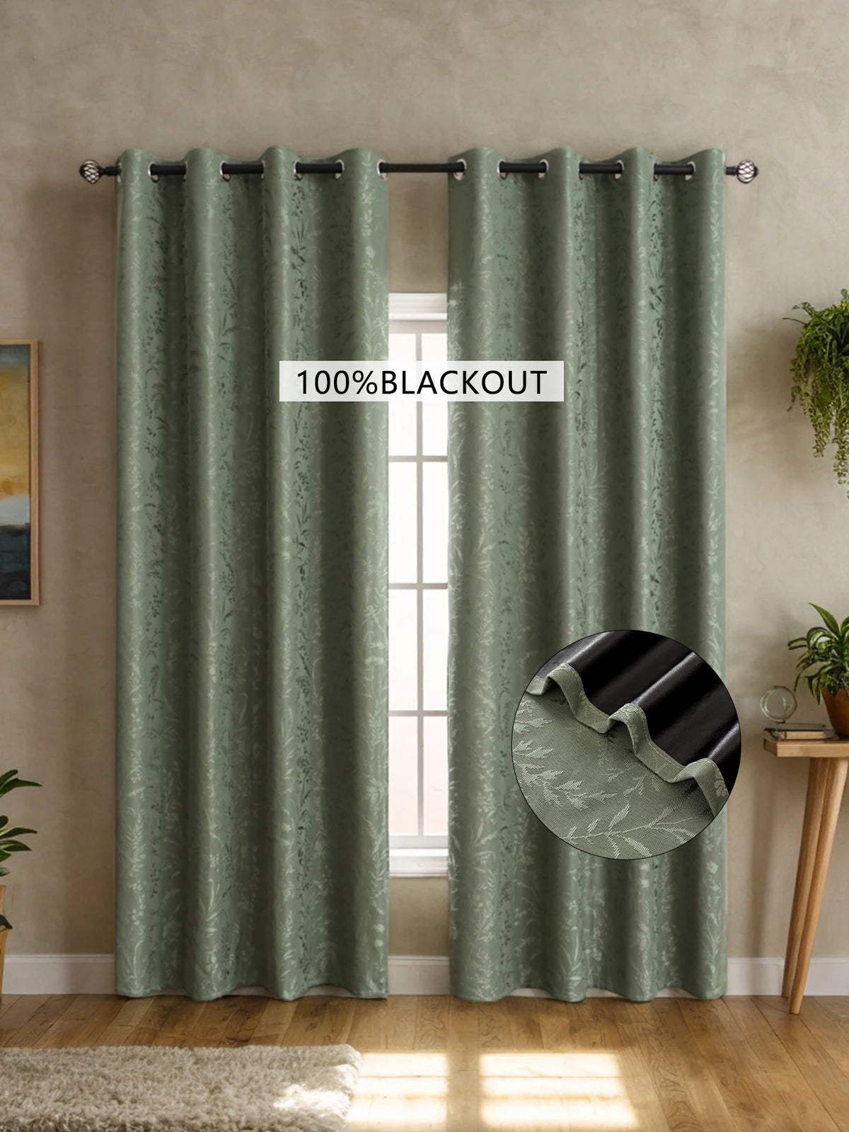 rideau vert olive motif végétal opacité moderne anneau métallique bordure décorative salon chambre coucher