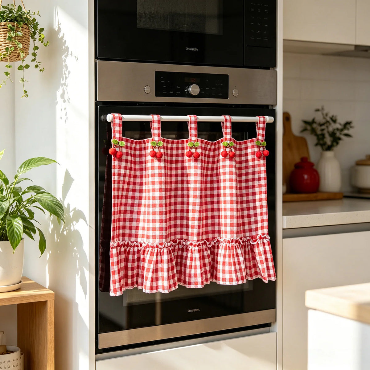 rideaux tablier cuisine rouge blanc carreaux vichy vintage rustique autoadhésifs farmhouse