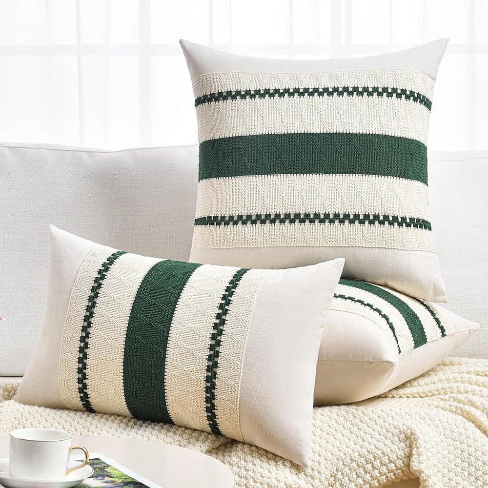 taies d'oreiller polyester vert clair rustique rayures horizontales non toxique respectueux environnement maison hospitalière