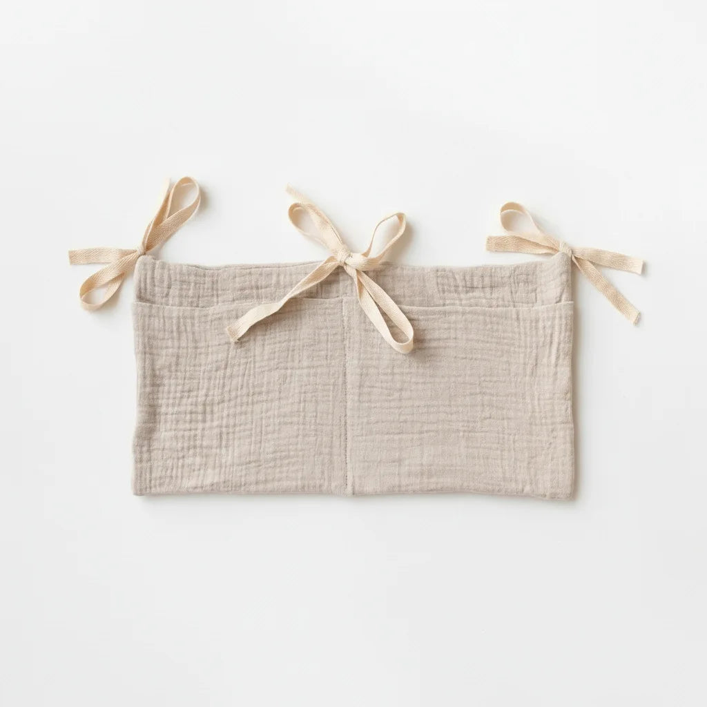 sac rangement lit bébé coton beige bleu rose simple rubans sécurité