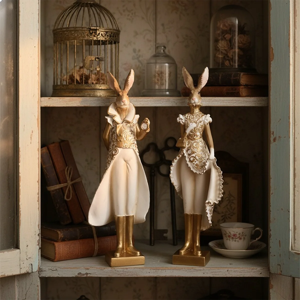 statues lapins vintage élégantes résine or blanc motifs floraux cage oiseaux livres anciens 32.5cm