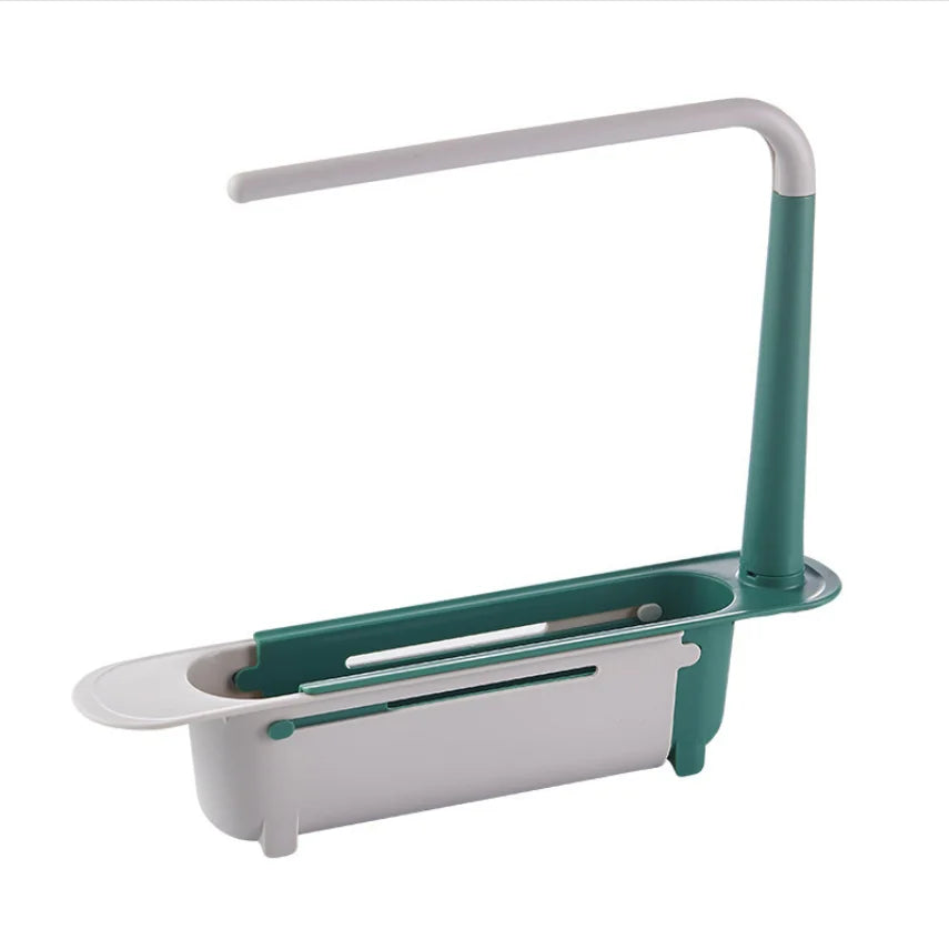 rangement évier extensible moderne barrette porte torchons compartiments brosses éponges vert jaune blanc bleu