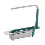 rangement évier extensible moderne barrette porte torchons compartiments brosses éponges vert jaune blanc bleu