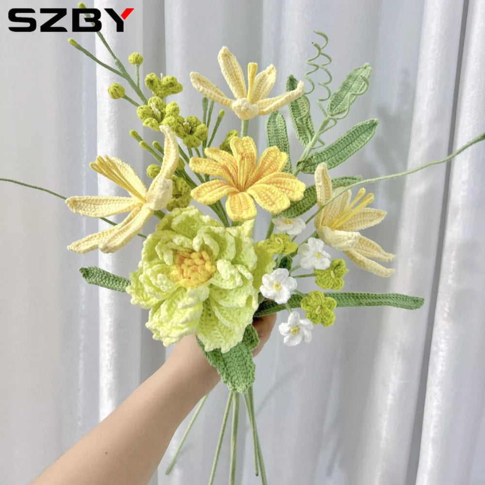 bouquet fleurs artificielles crochetées main couleurs variées decoration intérieure mariage pendaison crémaillère
