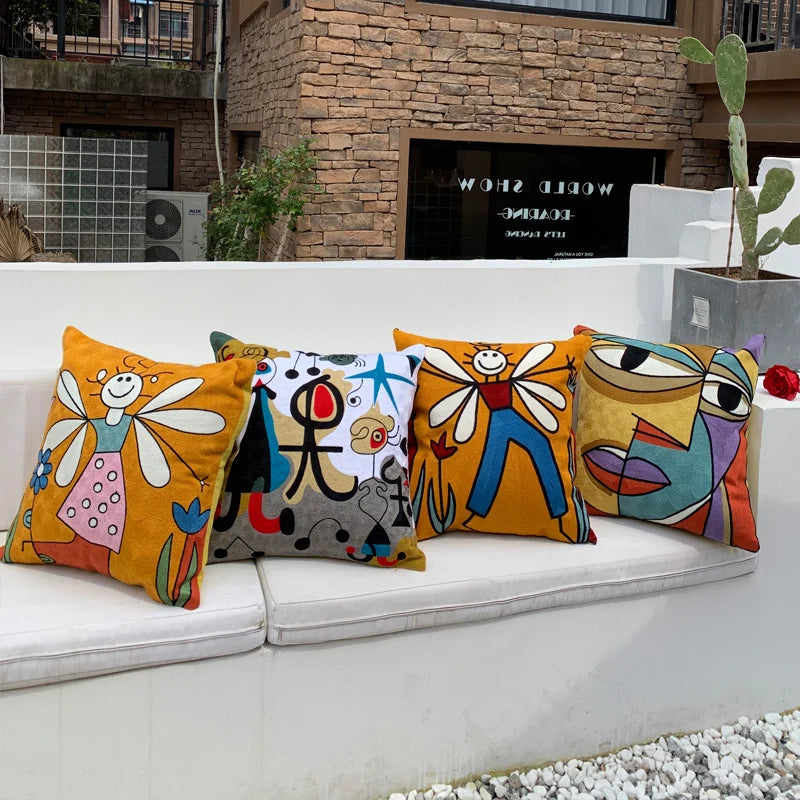 taies d'oreiller multicolores brodées motif abstrait moderne coussin décoratif carré linge coton 45x45cm