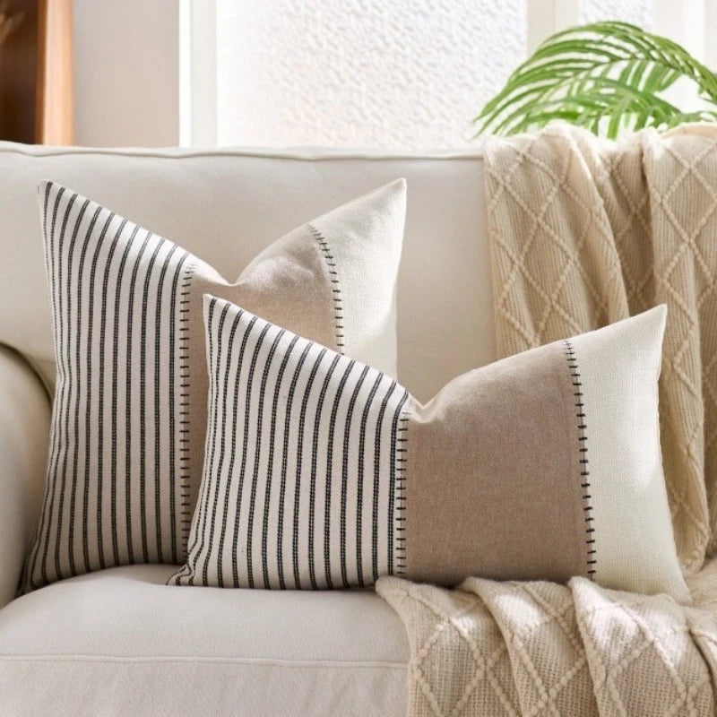 Coussins décoratifs rustiques rayés lin coton beige blanc rose bleu marine adhésifs