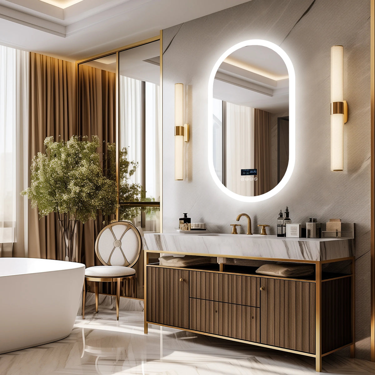 miroir lumineux moderne bluetooth éclairé anti buée date heure marbré blanc beige