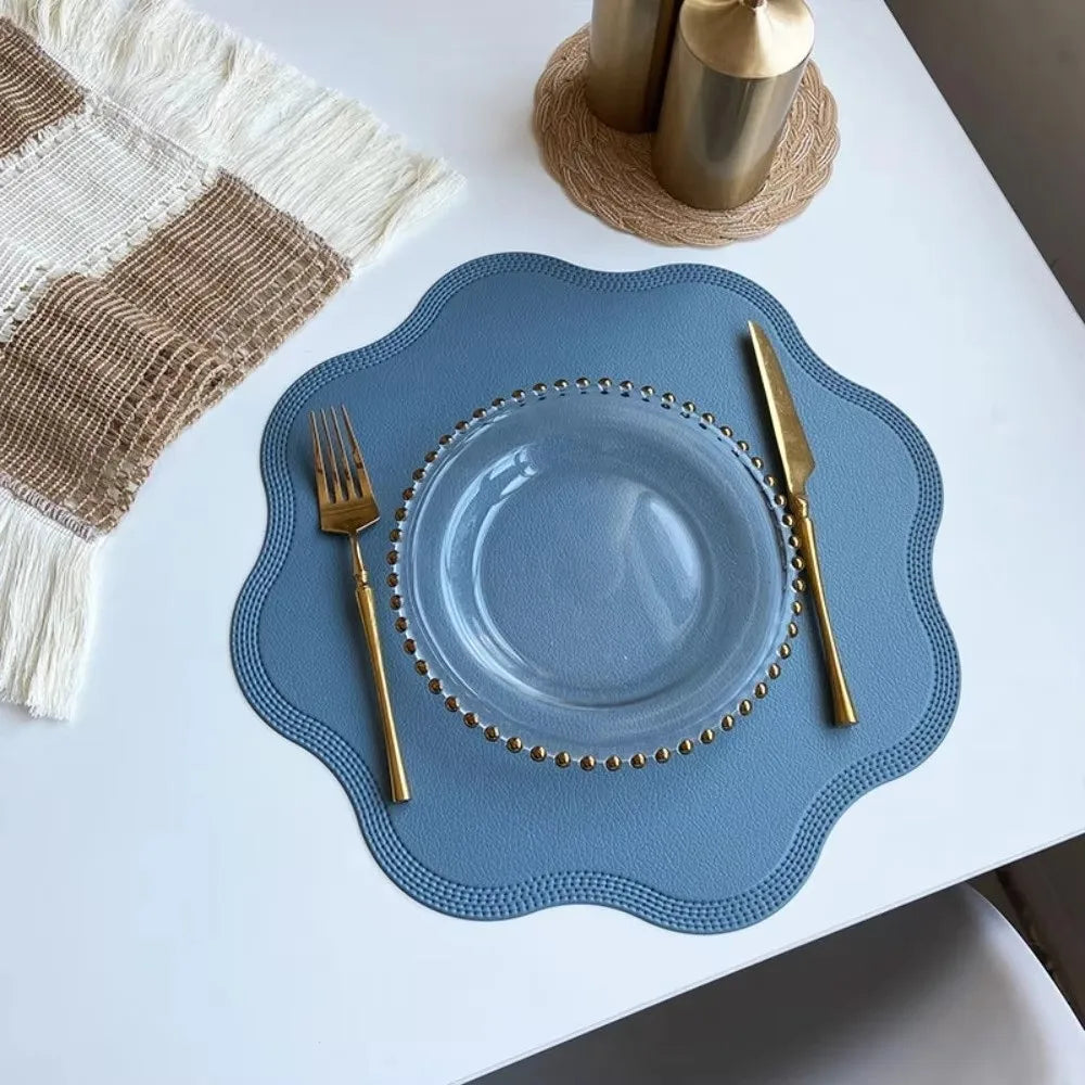 placemat moderne bleu rose gris élégant bords dentelés bord assiette fourchette couteau resistant