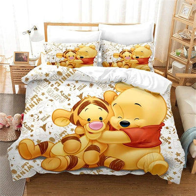 Housse de couette imprimée 3D Winnie l'ourson orange avec fermeture éclair sur un lit