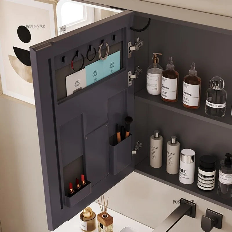 armoire salle bain murale miroir led rangement porte coulissante moderne blanc gris