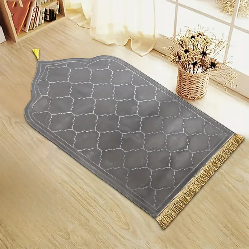 tapis prière polyester antidérapant motif géométrique gris vert noir moderne élégant franges doréesversible main
