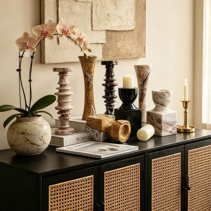 décoration maison moderne vase support bougie marbre noir blanc bois naturel minimalisteintérieur salon chambre