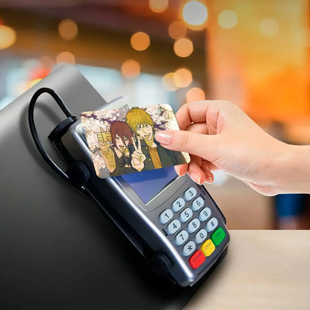 cartes bancaires étanches résistantes adhésives illustration anime personnages fond floral multicolore jaune brun vert