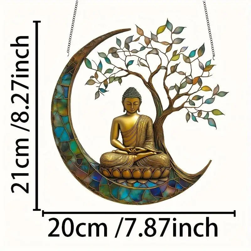 décoration suspendue bouddha or bronze bleu vert zen vitrail feuilles croissant lune chambre
