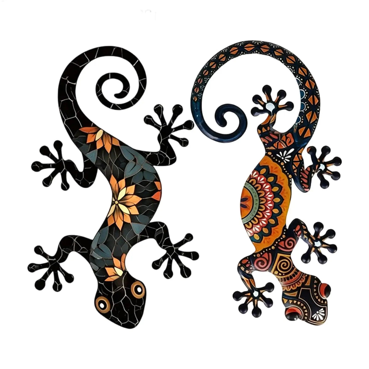 décorations murales lézards mosaïque motifs floraux noir orange artisanal extérieur intérieur deux pièces