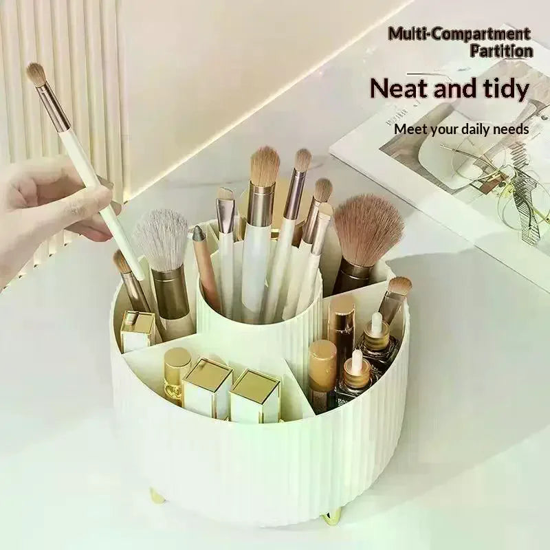 organisateur maquillage crème blanche rayures verticales moderne pieds patte d'animal bouteilles produits cosmétiques brosse