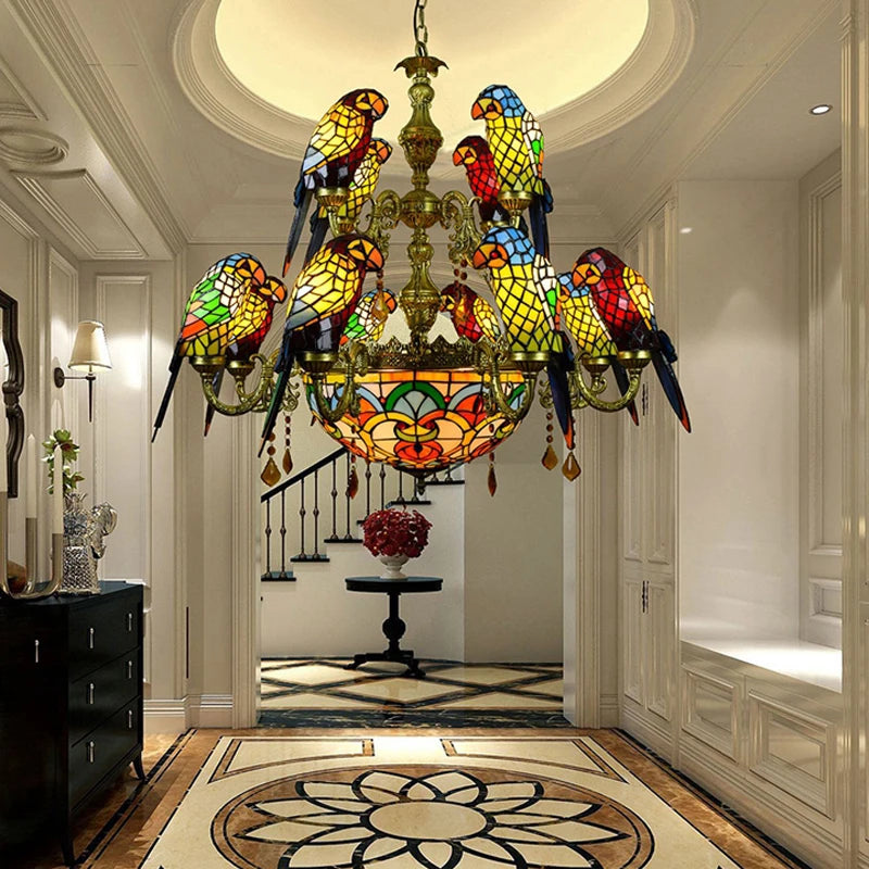 lampe suspension tiffany multicolore art nouveau oiseaux floraux rouge jaune vert bleu