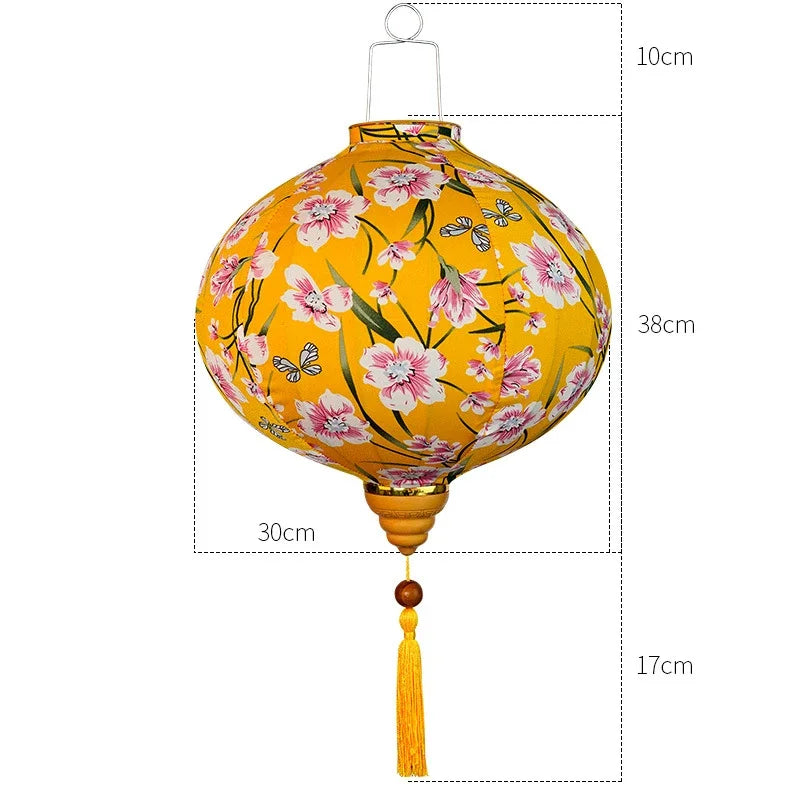 lanterne japonaise traditionnelle rouge fleurs décorative artisanale pompon bois suspendue
