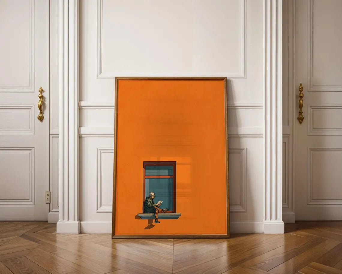 tableau moderne minimaliste orange bleu beige simple cadre bois abstrait décoration maison contemporaine chambre