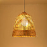 suspension lumineuse moderne bambou tissé ampoules led beige clair fixations câble opacité rustique