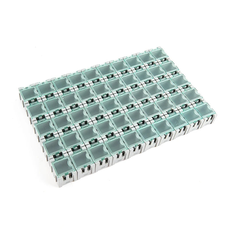 boîtes rangement électroniques transparentes vert rouge bleu jaune noir pratiques clips compactes