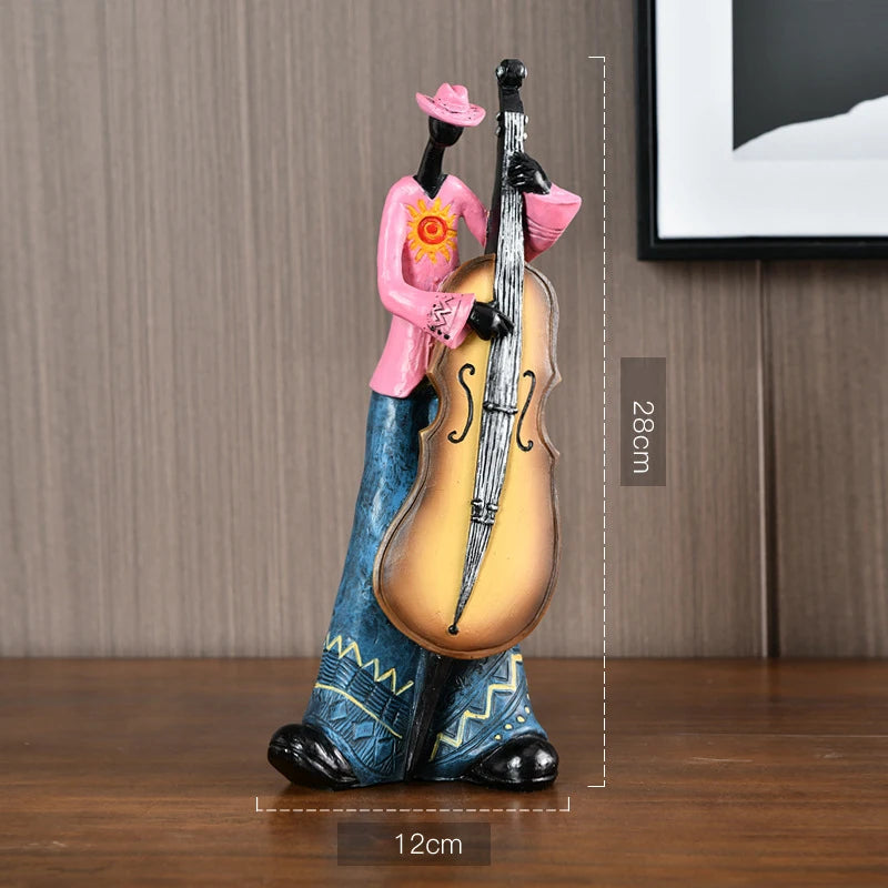 statues musiciens saxophone trompette ethniques motifs floraux bleu marron orange gris