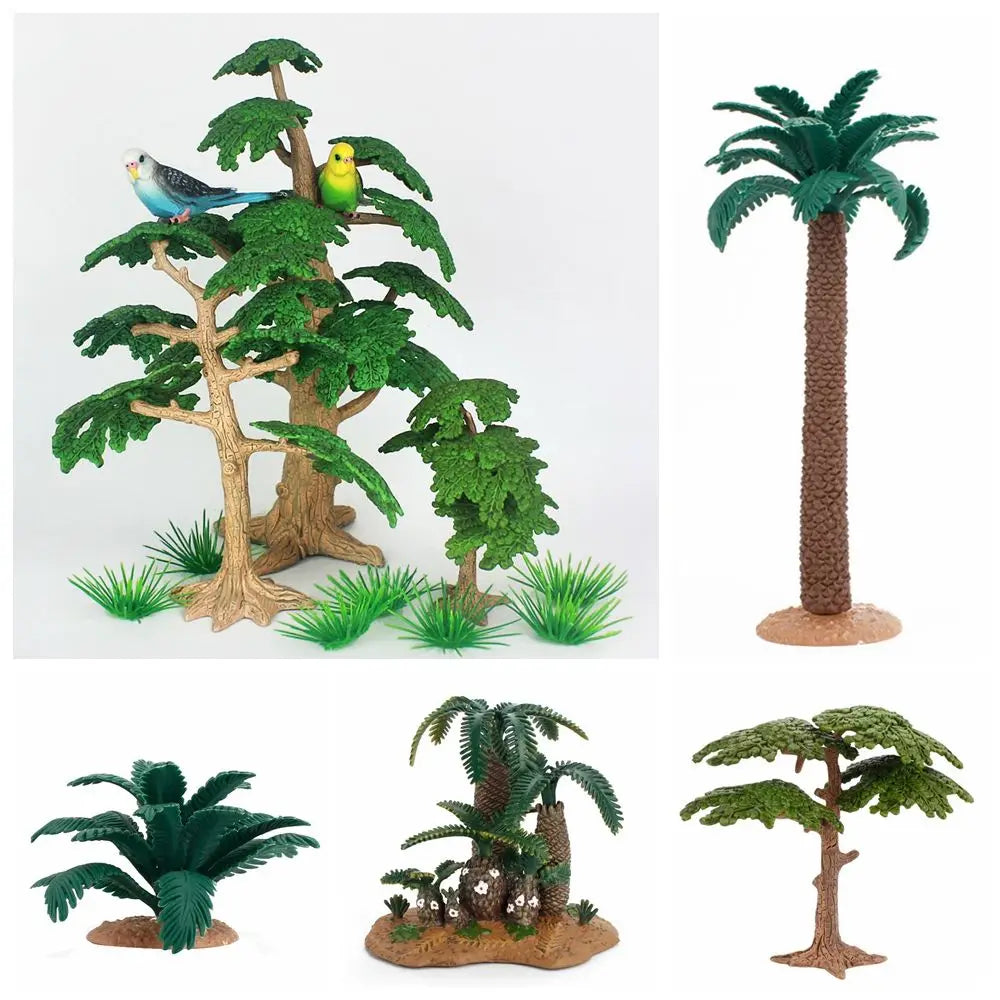 plantes artificielles réalistes feuilles larges troncs texturés base terreuse opacité vert brun jardin miniature