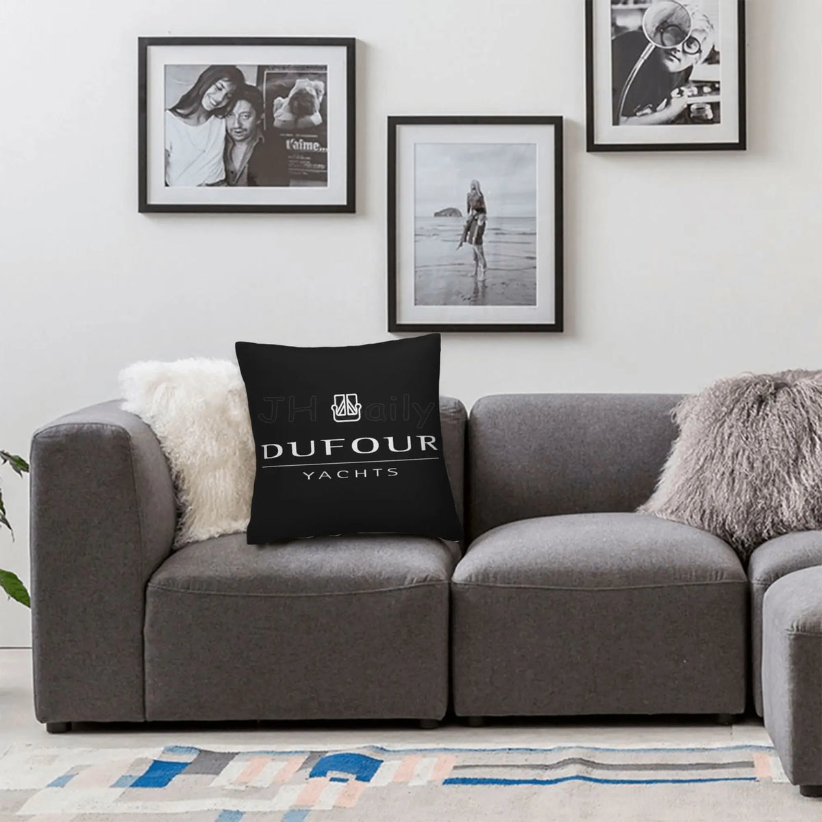 coussin décoratif noir blanc logo DUFOUR YACHTS moderne nautique 45x45cm polyester jacquard