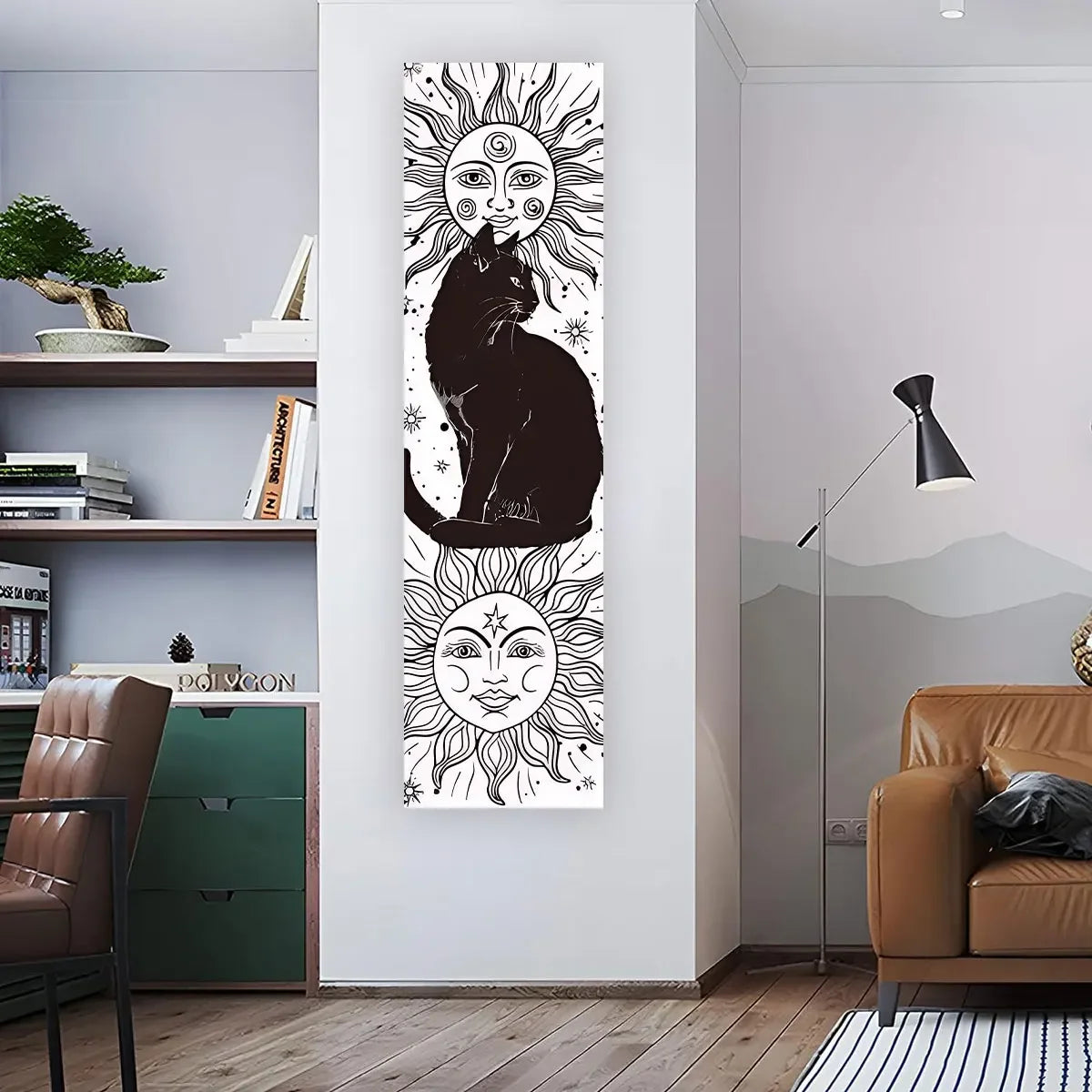 tapisserie art noir blanc chats soleils lunes motifs floraux contemporains décoration murale bohème rétro