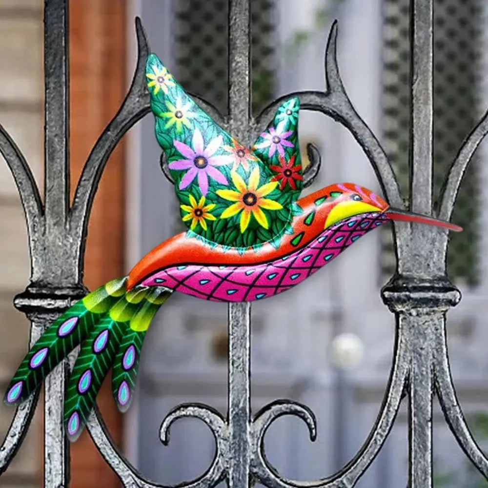 décoration murale oiseau colibri métal fleurs colorées vert bleu orange rose jaune